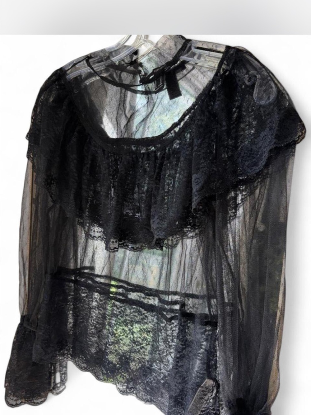 Forever 21 Sheer Black Lace Ruffle Women's blouse